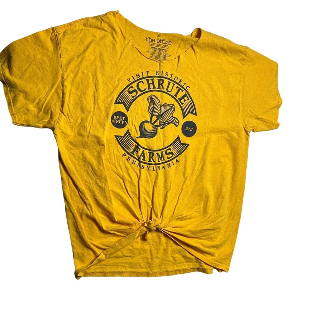 The Office Schrute Farms Graphic Tee Yellow XL Custom Cut Neckline